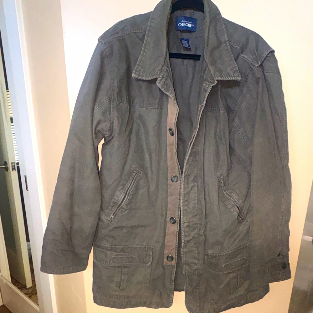 Cherokee Mens Gray Field Jacket L Button Front Insulated Canvas Mid-Length
